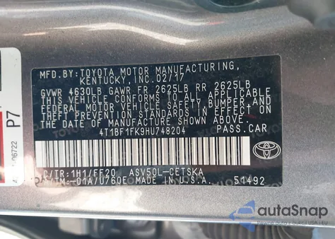 2017 Toyota Camry Se из США, поврежденный, VIN 4T1BF1FK9HU748204